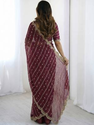 Maroon leheriya embroidered satin designer saree 2