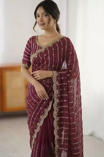 Maroon leheriya embroidered satin designer saree