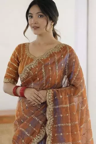 Orange woven design embroidered satin designer saree
