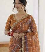 Orange woven design embroidered satin designer saree