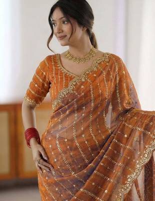 Orange woven design embroidered satin designer saree 3