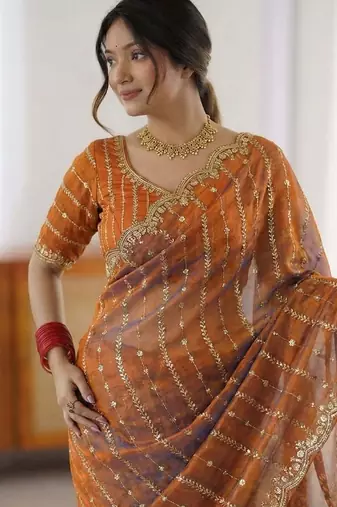 Orange woven design embroidered satin designer saree
