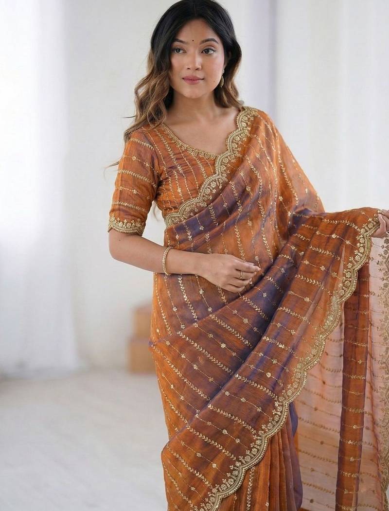 Orange woven design embroidered satin designer saree