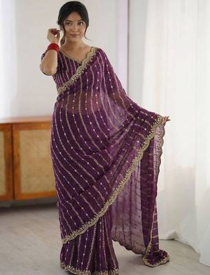 Purple embellished embroidered satin heavy work saree 1