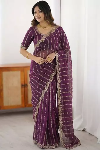 Purple embellished embroidered satin heavy work saree