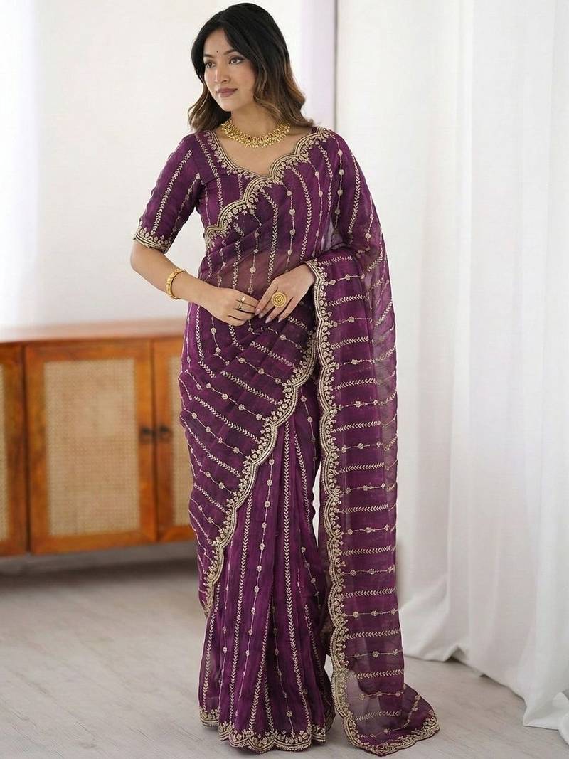 Purple embellished embroidered satin heavy work saree