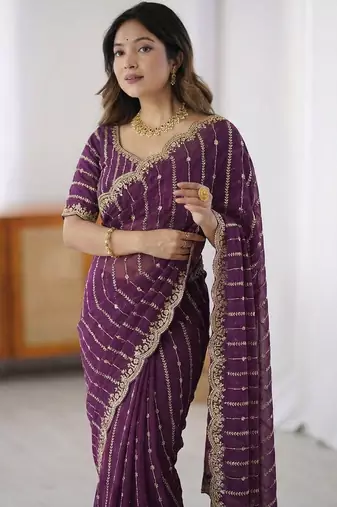 Purple embellished embroidered satin heavy work saree