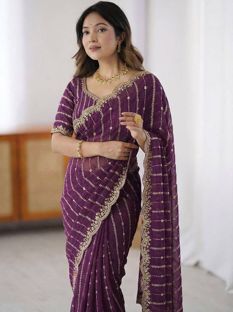 Purple embellished embroidered satin heavy work saree