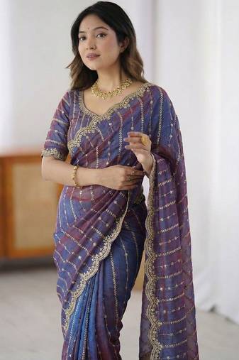 Blue woven design zari satin heavy work saree