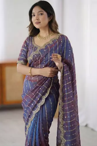 Blue woven design zari satin heavy work saree