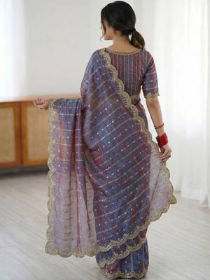 Blue woven design zari satin heavy work saree 2