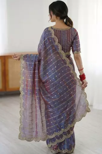 Blue woven design zari satin heavy work saree