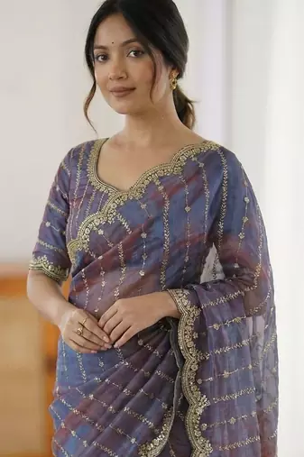 Blue woven design zari satin heavy work saree