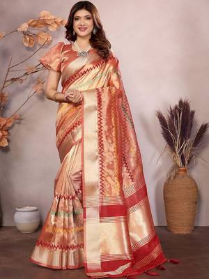 Peach woven design zari saree 1