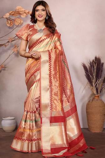 Peach woven design zari saree