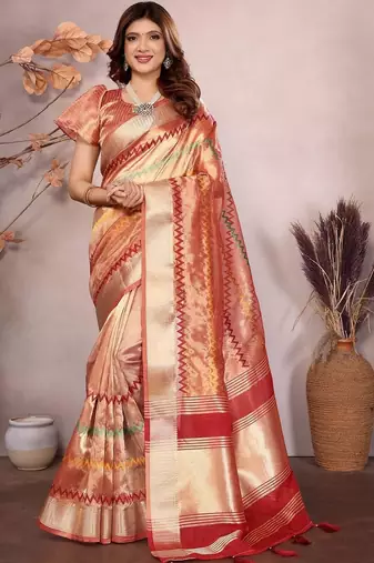 Peach woven design zari saree