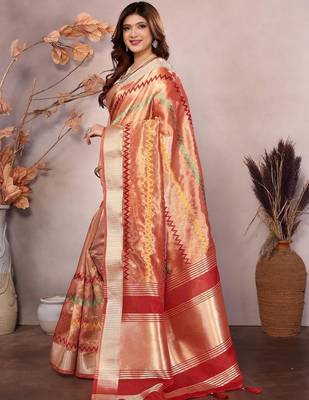 Peach woven design zari saree 2