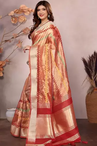 Peach woven design zari saree
