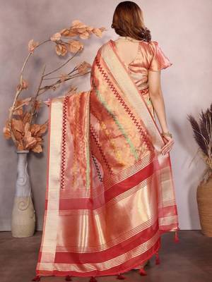 Peach woven design zari saree 3