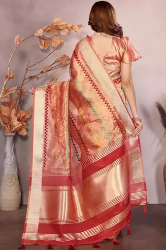 Peach woven design zari saree