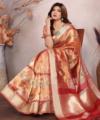Peach woven design zari saree 4