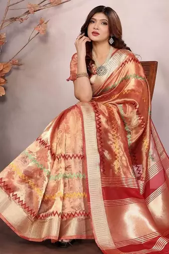 Peach woven design zari saree