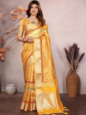 Yellow woven design zari saree 1