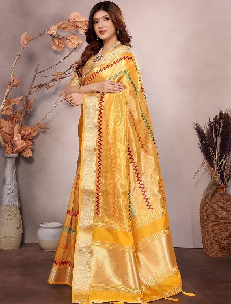 Yellow woven design zari saree