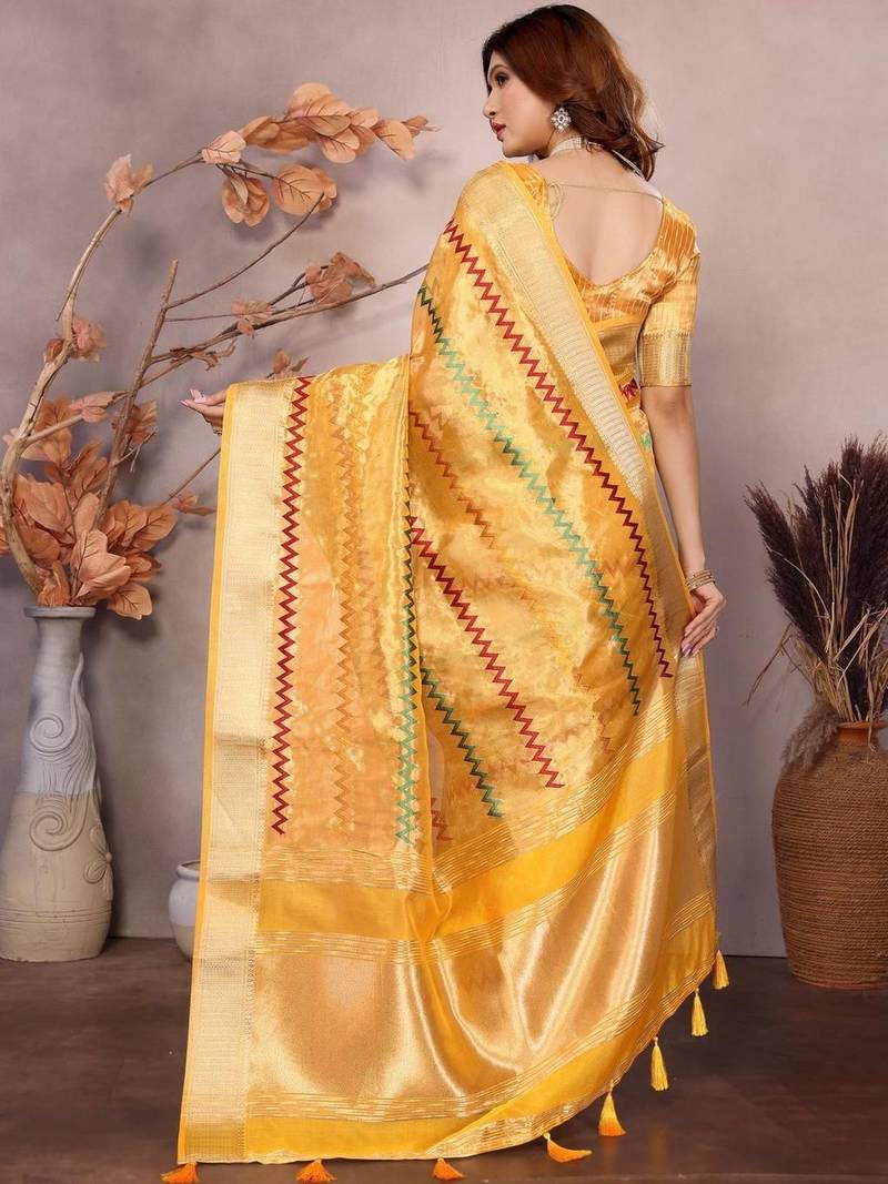 Yellow woven design zari saree