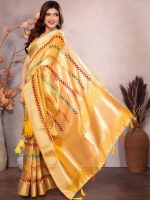 Yellow woven design zari saree 4