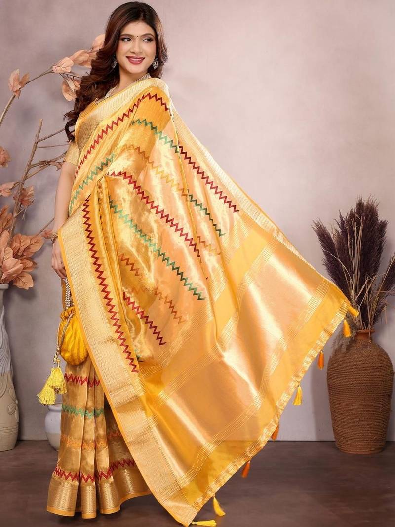 Yellow woven design zari saree
