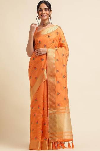 Orange ethnic motifs embroidered saree