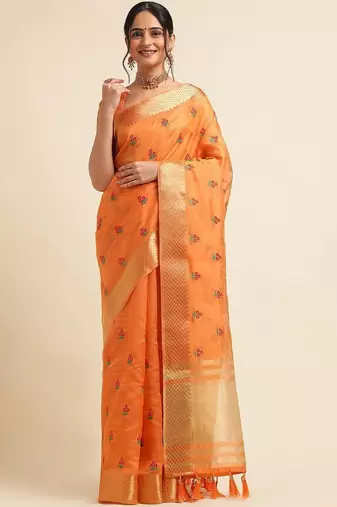 Orange ethnic motifs embroidered saree