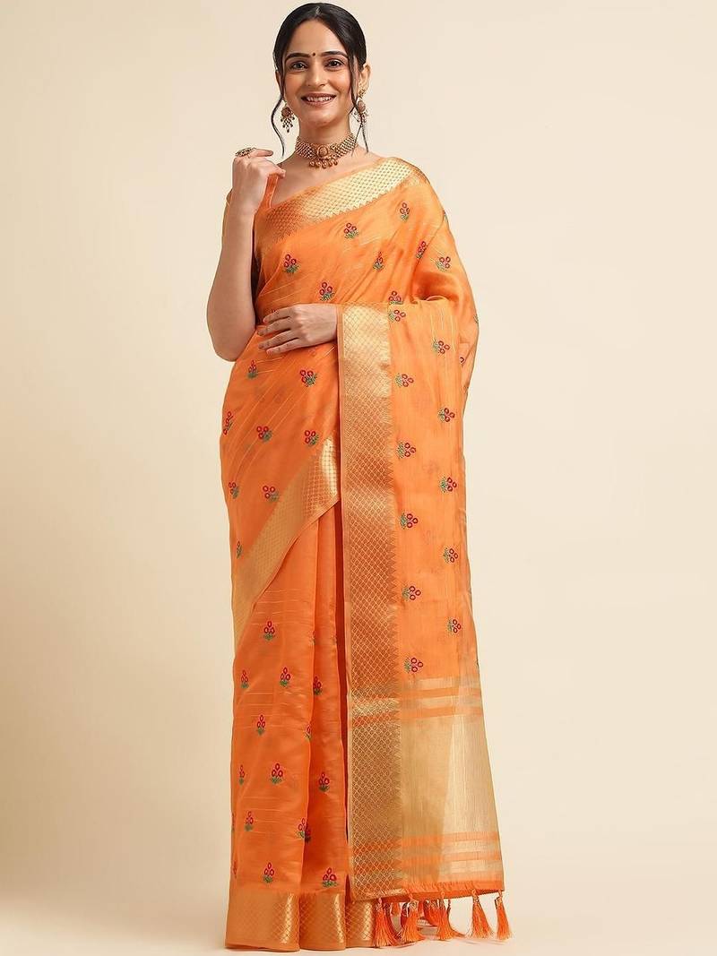 Orange ethnic motifs embroidered saree