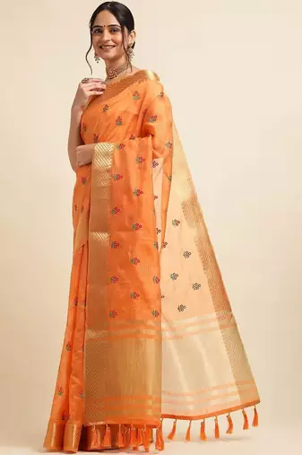 Orange ethnic motifs embroidered saree