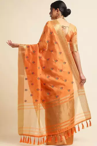 Orange ethnic motifs embroidered saree