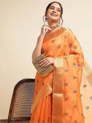 Orange ethnic motifs embroidered saree 4