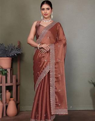 Copper embellished embroidered satin heavy work saree 1