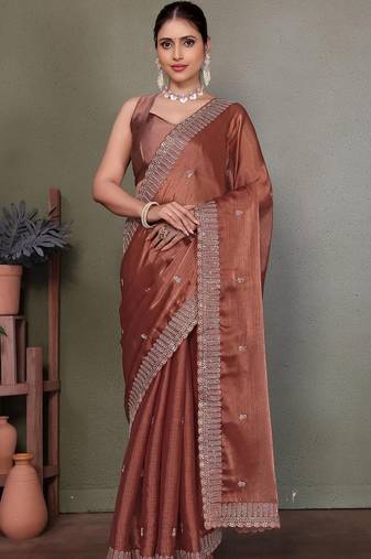 Copper embellished embroidered satin heavy work saree