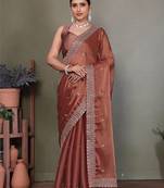 Copper embellished embroidered satin heavy work saree