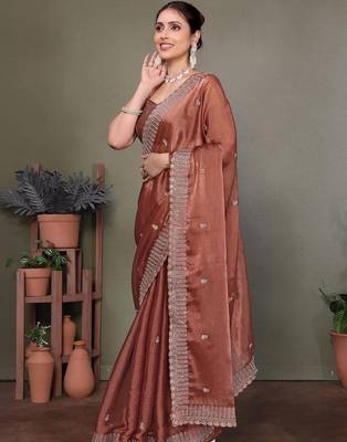 Copper embellished embroidered satin heavy work saree 2