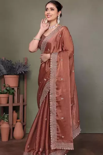 Copper embellished embroidered satin heavy work saree