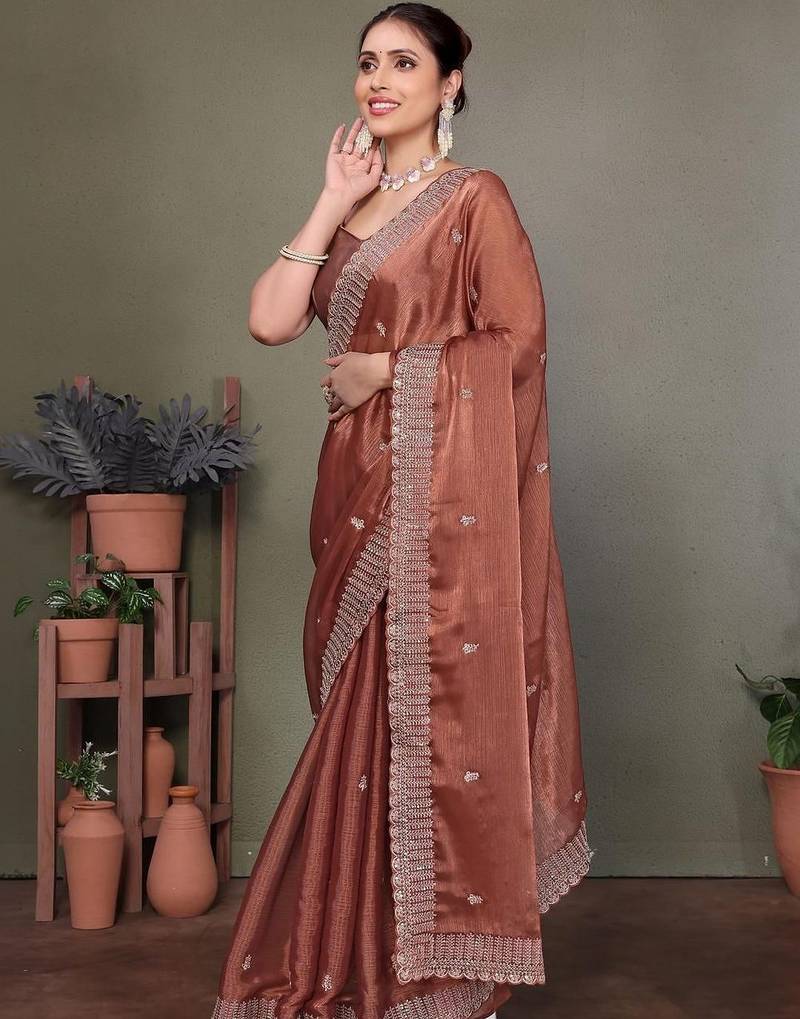 Copper embellished embroidered satin heavy work saree