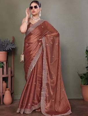 Copper embellished embroidered satin heavy work saree 3