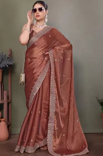Copper embellished embroidered satin heavy work saree