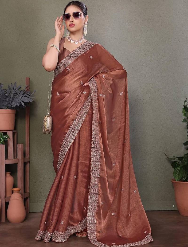 Copper embellished embroidered satin heavy work saree