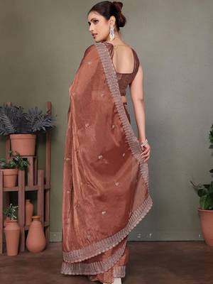 Copper embellished embroidered satin heavy work saree 4