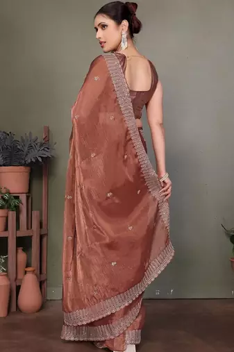 Copper embellished embroidered satin heavy work saree