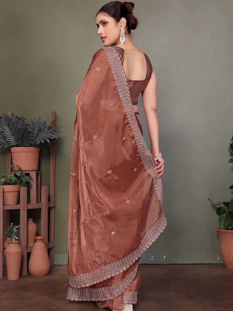 Copper embellished embroidered satin heavy work saree