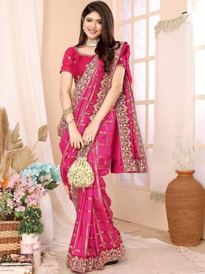Pink woven design zari heavy work saree 4